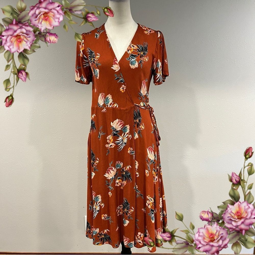 Lulu's burnt Orange wrap Sundress with short Sleeves size small